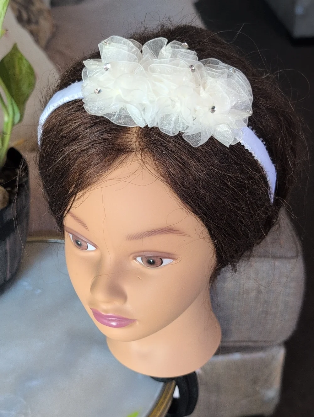 White Flower Mesh Rhinestones Kids Headband